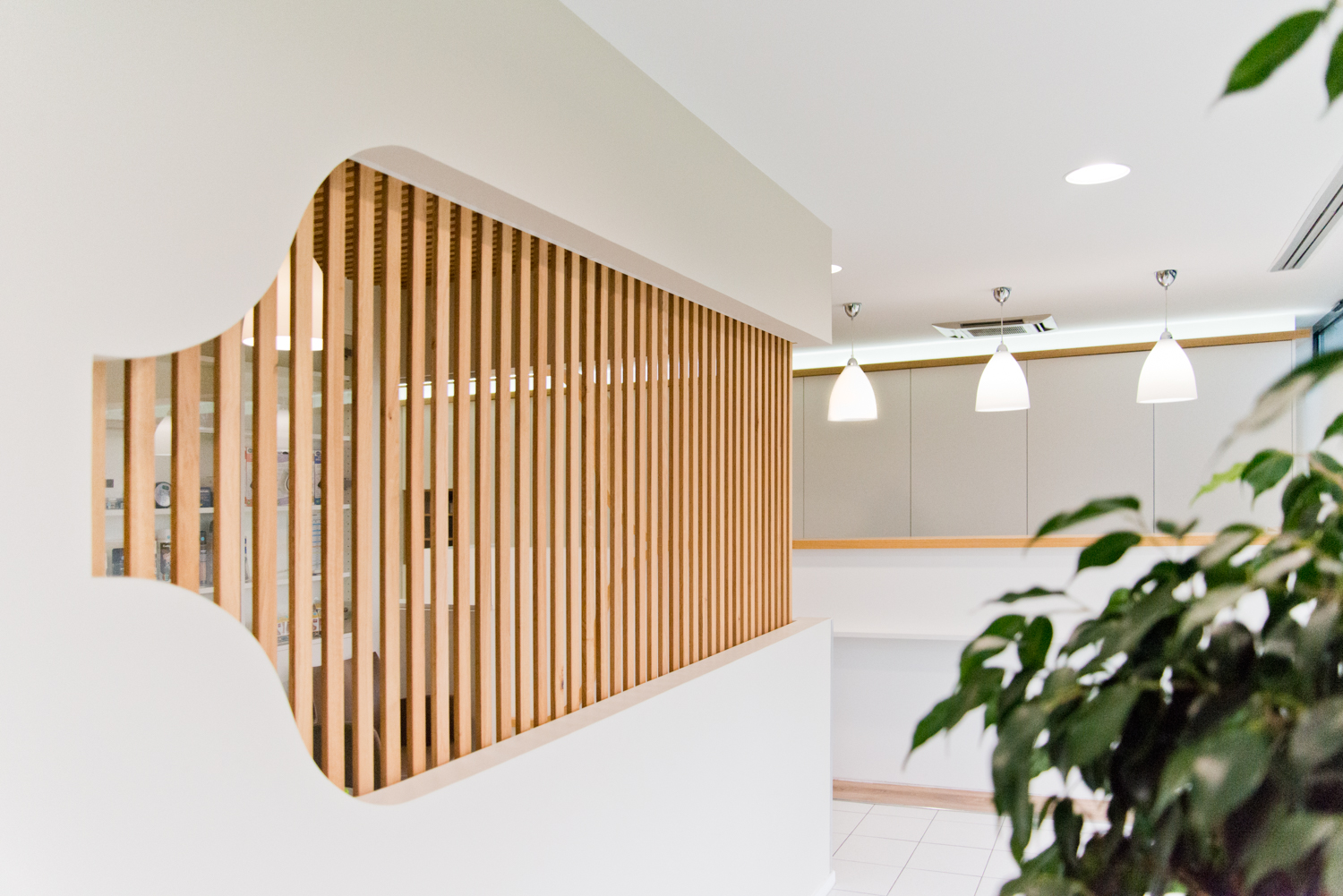 Mur blanc sur la droite avec des garde-corps en bois intégrés, espace accueil visible en arrière-plan, et feuillage naturel sur la gauche de l’image — un agencement harmonieux signé Arche du Bois, entre structure boisée et éléments végétaux.