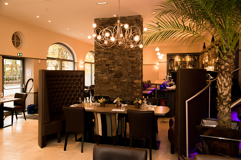 Table de salle à manger placée devant un mur en pierre naturelle, avec un petit arbre décoratif sur la droite