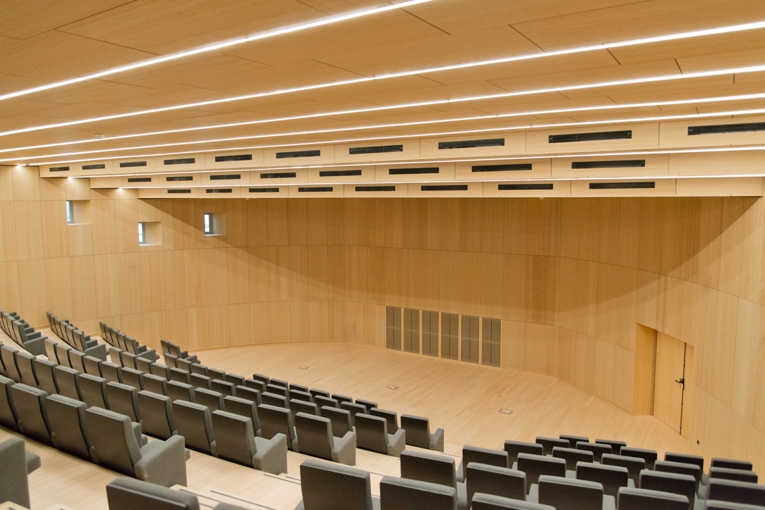 Salle de conférence habillée de bois au niveau des murs et du plafond, avec éclairage LED intégré — un agencement professionnel et élégant signé Arche du Bois, alliant confort acoustique et design naturel.