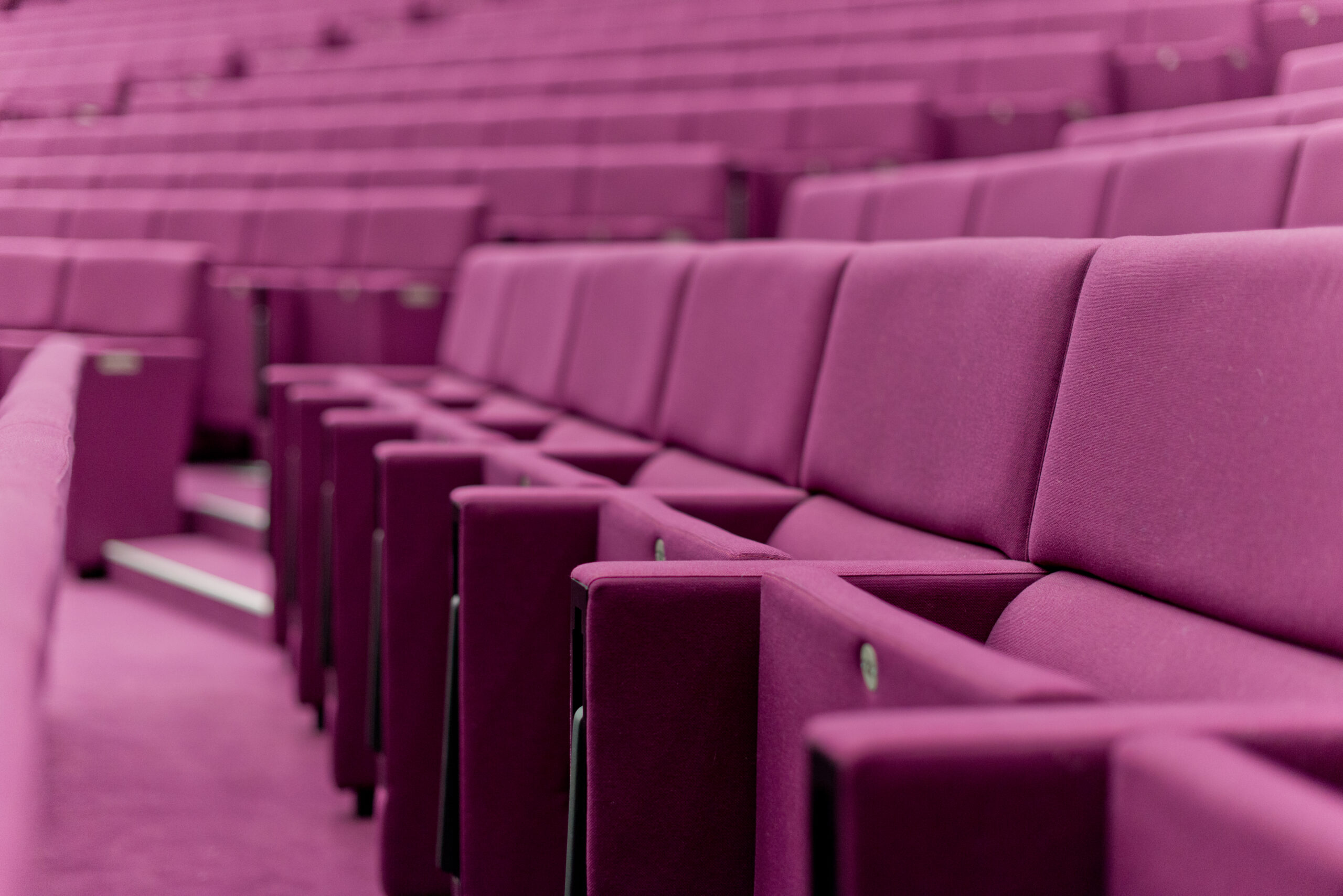 Rangée de chaises pliantes de couleur violette installées dans une salle de conférence