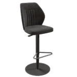 Tabouret de bar BUDAPEST. Assise et dossier rembourrés en tissu Anthracite (gris foncé, charbon). Dossier haut et ergonomique avec coutures verticales (nervures). Piètement central réglable en hauteur, avec base ronde et repose-pieds triangulaire en métal noir/anthracite.