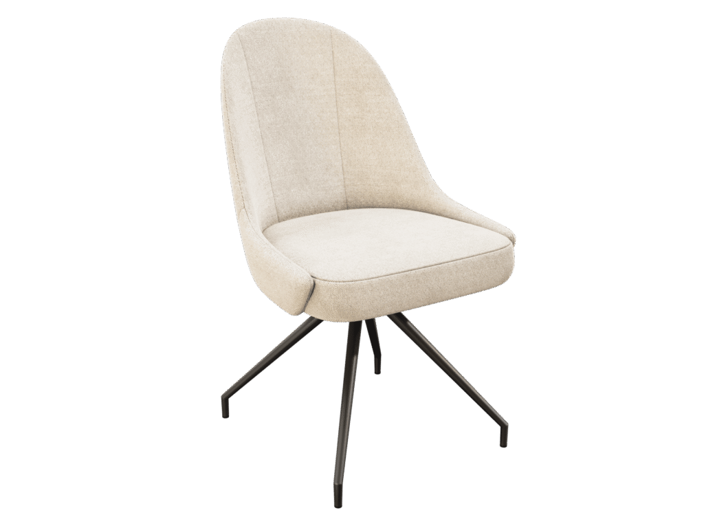 Chaise de salle à manger MIAMI. Design élégant, dossier arrondi et courbé (style coque). Revêtement en tissu Anthracite (gris foncé, charbon) sophistiqué. Piètement étoile pivotant dynamique en métal noir/anthracite. Chaise moderne, chic et confortable.