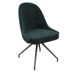 Chaise de salle à manger MIAMI. Design fauteuil coque, avec accoudoirs intégrés. Revêtement en tissu Vert sapin (vert forêt profond) texturé. Piètement fixe (non-pivotant) en métal noir/anthracite. Chaise moderne, confortable et sophistiquée.