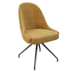 Chaise de salle à manger MIAMI. Design fauteuil coque, avec accoudoirs intégrés. Revêtement en tissu Ocre (jaune terre riche et profond) artistique. Piètement fixe en métal noir/anthracite. Chaise moderne, confortable et tendance.