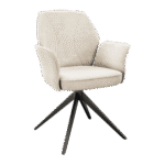 Chaise de salle à manger VIENNA. Design fauteuil confortable, avec accoudoirs ouverts. Revêtement en tissu Blanc cassé (ton écru, lumineux, doux) texturé. Piètement étoile pivotant en métal noir. Chaise moderne, chic et très élégante.