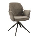 Chaise de salle à manger VIENNA. Design fauteuil confortable, avec accoudoirs ouverts. Revêtement en tissu Beige (ton neutre, chaleureux, clair) texturé. Piètement étoile pivotant en métal noir. Chaise moderne, chic et très polyvalente.