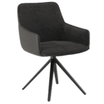 Chaise de salle à manger AMSTERDAM. Design fauteuil confortable, avec accoudoirs. Revêtement en tissu Anthracite (gris foncé, charbon). Piètement étoile pivotant en métal noir. Chaise moderne de luxe, chic et sophistiquée.