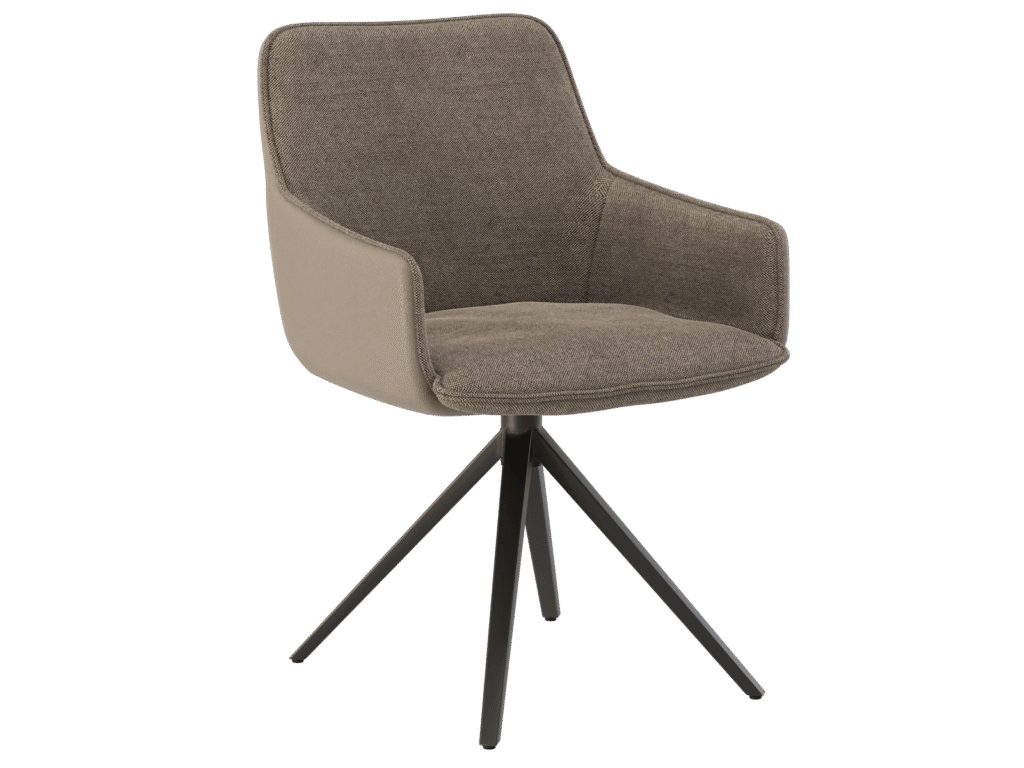 Chaise de salle à manger AMSTERDAM. Design fauteuil confortable, avec accoudoirs. Revêtement bicolore : Tissu Taupe texturé à l'intérieur et Simili/PU Beige sur la coque extérieure. Piètement étoile pivotant en métal noir/anthracite. Chaise moderne de luxe.