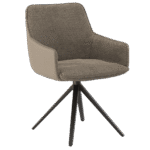 Chaise de salle à manger AMSTERDAM. Design fauteuil confortable, avec accoudoirs. Revêtement bicolore : Tissu Taupe texturé à l'intérieur et Simili/PU Beige sur la coque extérieure. Piètement étoile pivotant en métal noir/anthracite. Chaise moderne de luxe.