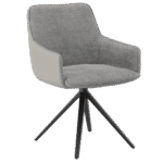 Chaise de salle à manger AMSTERDAM. Design fauteuil confortable, avec accoudoirs. Revêtement en tissu Gris clair (ton lumineux, perle). Piètement étoile pivotant en métal noir. Chaise moderne scandinave, chic e
