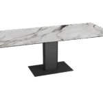 Table de repas rectangulaire CONNEXION. Plateau effet Marbre Fiorentino (motifs riches, tons terreux et complexes). Piètement central colonne massif en métal foncé. Meuble design artistique et architectural L'Arche du Bois.