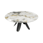 Grande table de repas AJACCIO rectangulaire. Plateau effet Marbre Doro blanc, noir et or. Piètement en métal noir design en V. Table de réception de luxe et prestige L'Arche du Bois.