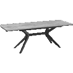 Table de repas rectangulaire IMPULSION extensible. Plateau finition Silver (argent, aspect brillant/réfléchissant). Piètement central sculptural (design X incurvé / papillon) en métal foncé. Meuble design luxe, lumineux et dynamique L'Arche du Bois.