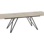 Table de repas rectangulaire KENTUCKY. Plateau effet Travertin (pierre naturelle beige clair). Piètement design filaire (barreaux entrecroisés ou "araignée") en métal noir. Meuble design organique et contemporain L'Arche du Bois.