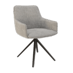 Chaise de salle à manger AMSTERDAM. Design fauteuil confortable, avec accoudoirs. Revêtement en tissu Gris clair (ton lumineux, perle). Piètement étoile pivotant en métal noir. Chaise moderne scandinave, chic et versatile.