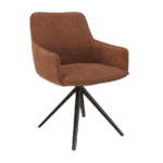 Chaise de salle à manger AMSTERDAM. Design fauteuil confortable, avec accoudoirs. Revêtement en tissu Terracotta (ton terre cuite, brun-rouge) chaleureux. Piètement étoile pivotant en métal noir. Chaise moderne, chic et organique.