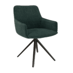Chaise de salle à manger AMSTERDAM. Design fauteuil confortable, avec accoudoirs. Revêtement en tissu Vert sapin (vert forêt profond) tendance. Piètement étoile pivotant en métal noir. Chaise moderne, chic et luxueuse.