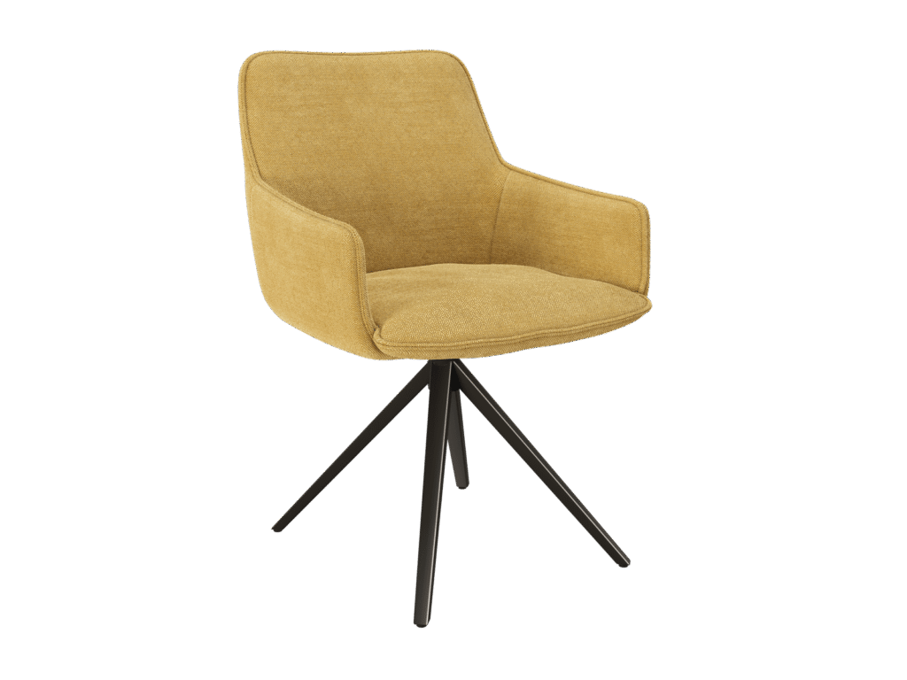 Chaise de salle à manger AMSTERDAM. Design fauteuil confortable, avec accoudoirs. Revêtement en tissu Ocre (jaune terre riche et profond) tendance. Piètement étoile pivotant en métal noir. Chaise moderne, artistique et chaleureuse.