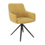 Chaise de salle à manger AMSTERDAM. Design fauteuil confortable, avec accoudoirs. Revêtement en tissu Ocre (jaune terre riche et profond) tendance. Piètement étoile pivotant en métal noir. Chaise moderne, artistique et chaleureuse.