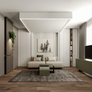 Lit escamotable entièrement rangé au plafond au-dessus d’un canapé avec une table basse devant.