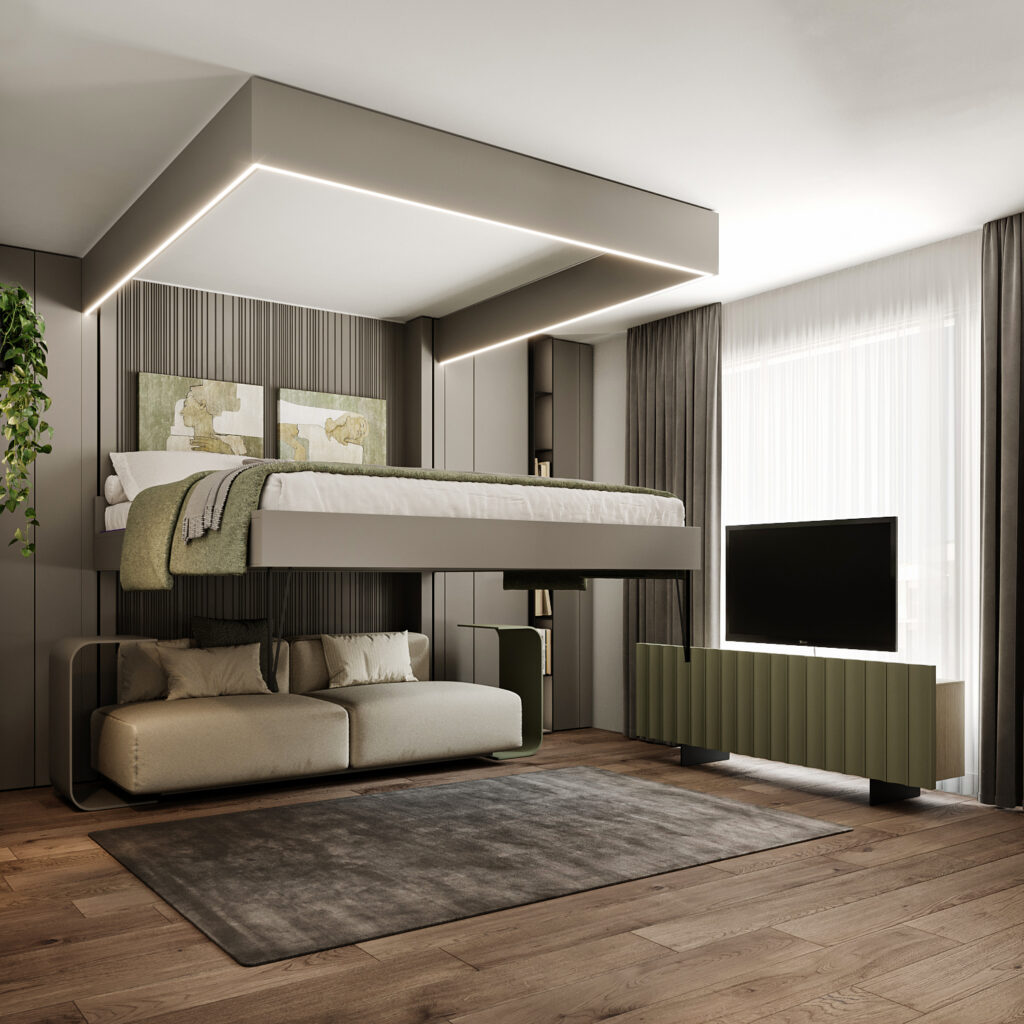 Lit escamotable deux places montant au plafond avec canapé en dessous, cassette intégrée au plafond, télévision à droite et tapis au sol. Lit Plafond ADD Comfort et agencement intérieur minimaliste et le mobilier intelligent redéfinit l’art de vivre