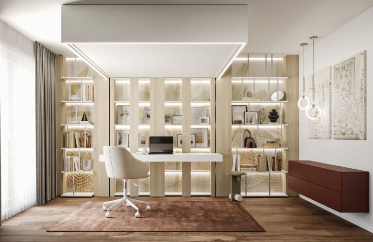 Lit escamotable relevé au plafond avec bureau, chaise, ordinateur portable, bibliothèque derrière, fenêtre à gauche et meuble à tiroirs à droite.