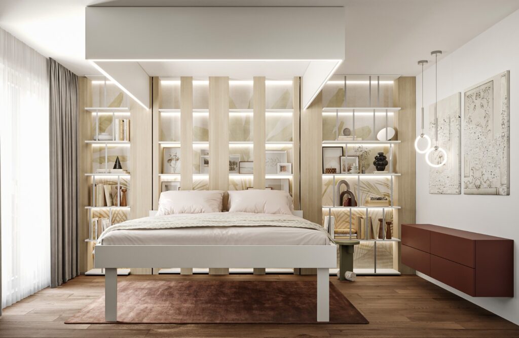 Lit escamotable deux places au sol avec bibliothèque murale et meuble à porte haute sur la droite.