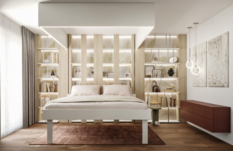 Lit escamotable deux places au sol avec bibliothèque murale et meuble à porte haute sur la droite.