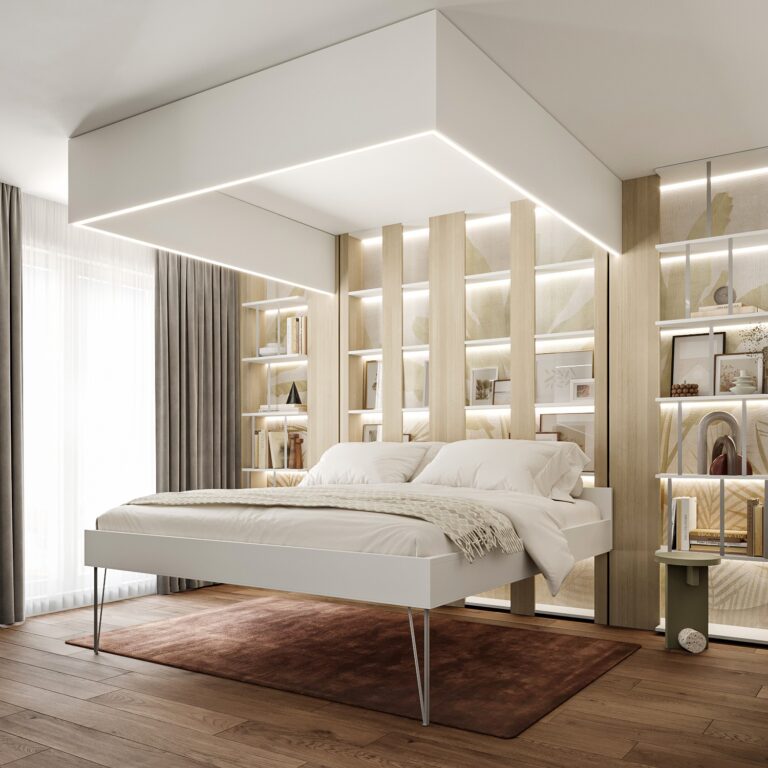 Lit escamotable au sol avec bibliothèque murale et fenêtre à gauche.