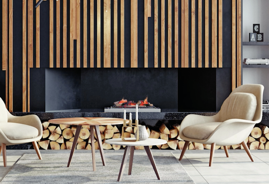 Foyer électrique Cassette 400 Optimyst encastré dans un mur, salon moderne avec deux tables basses centrales et deux fauteuils élégants de chaque côté, L'Arche du Bois.