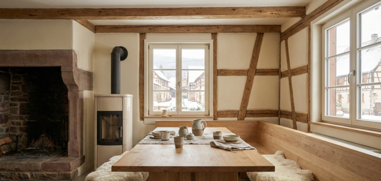5 tendances d’agencement intérieur en Alsace, Aménagement intérieur d'une maison alsacienne avec poutres apparentes, table en bois, banquette et poêle à bois moderne, illustrant l'agencement de style rustique chic.