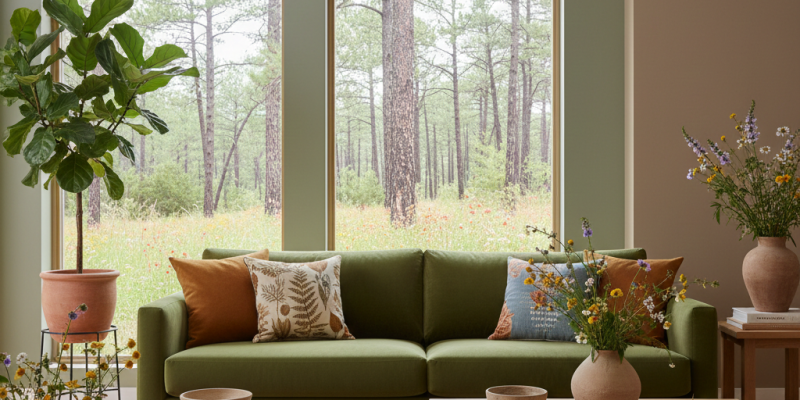 5 tendances d’agencement intérieur en Alsace​ : Salon moderne avec canapé vert, tables basses en bois massif et grandes baies vitrées donnant sur une forêt, illustrant une décoration intérieure naturelle et l'agencement d'un espace de vie zen.