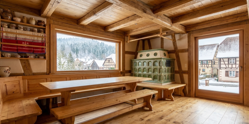 5 tendances d’agencement intérieur en Alsace​ : Intérieur d'une maison en Alsace avec table et bancs en bois, poêle traditionnel en céramique verte et vue hivernale sur un village, illustrant la décoration intérieure et l'agencement typique.