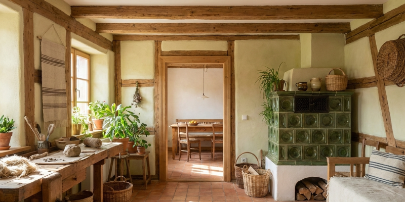 5 tendances d’agencement intérieur en Alsace​ : Intérieur rustique avec établi de menuisier en bois, paniers en osier, plantes vertes et poêle en faïence verte traditionnelle, illustrant la décoration intérieure et l'agencement de style campagne.