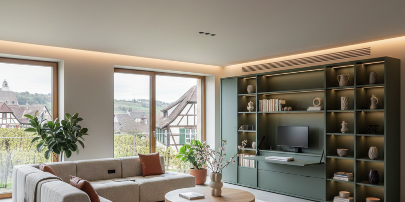 5 tendances d’agencement intérieur en Alsace​ : Salon moderne avec grand canapé d'angle gris, table basse ronde en bois et bibliothèque murale verte toute hauteur, illustrant une décoration intérieure haut de gamme et l'agencement intelligent d'un séjour.