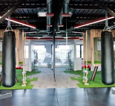 Espace de sport équipé de deux sacs de boxe suspendus de part et d’autre de la pièce