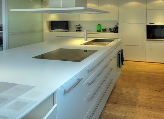 Cuisine sur mesure par LDC Agencement – L’Arche du Bois : plan de travail avec plaque de cuisson intégrée, tiroirs et hotte, placards et étagères au fond avec four intégré.