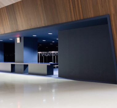 , Grande entrée peinte en bleu, entourée de murs habillés de bois naturel, avec une partie d’un escalier visible sur la gauche