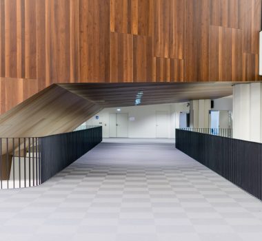 Couloir encadré de garde-corps de chaque côté, menant à un mur en bois naturel au fond