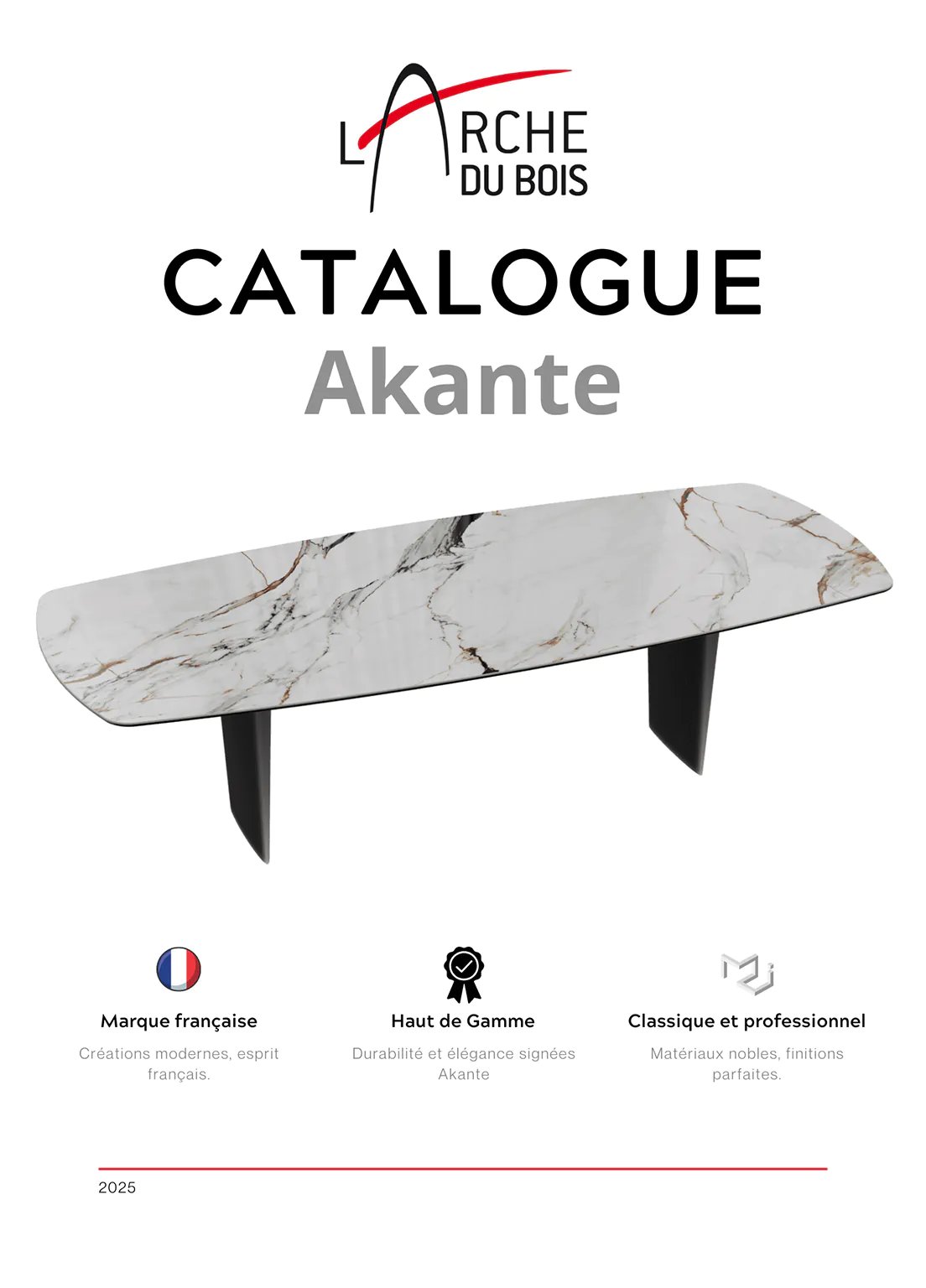 Première page du catalogue Akante, présentant un meuble design, table en céramique ou table basse moderne, pour le salon. Agencement et Mobilier sur Mesure