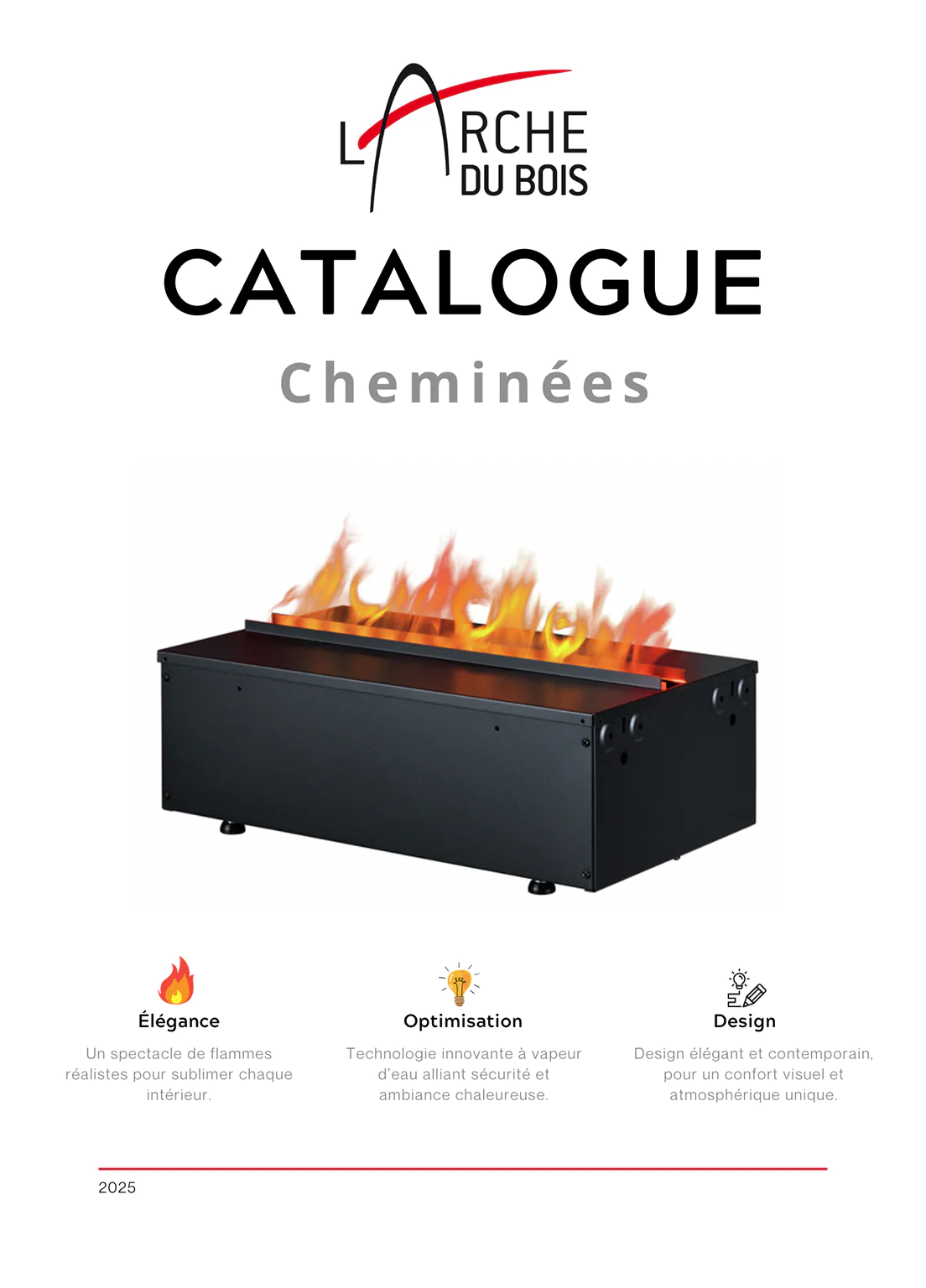 Première page du catalogue de cheminées à vapeur d'eau (cheminée 3D) montrant des flammes froides décoratives.