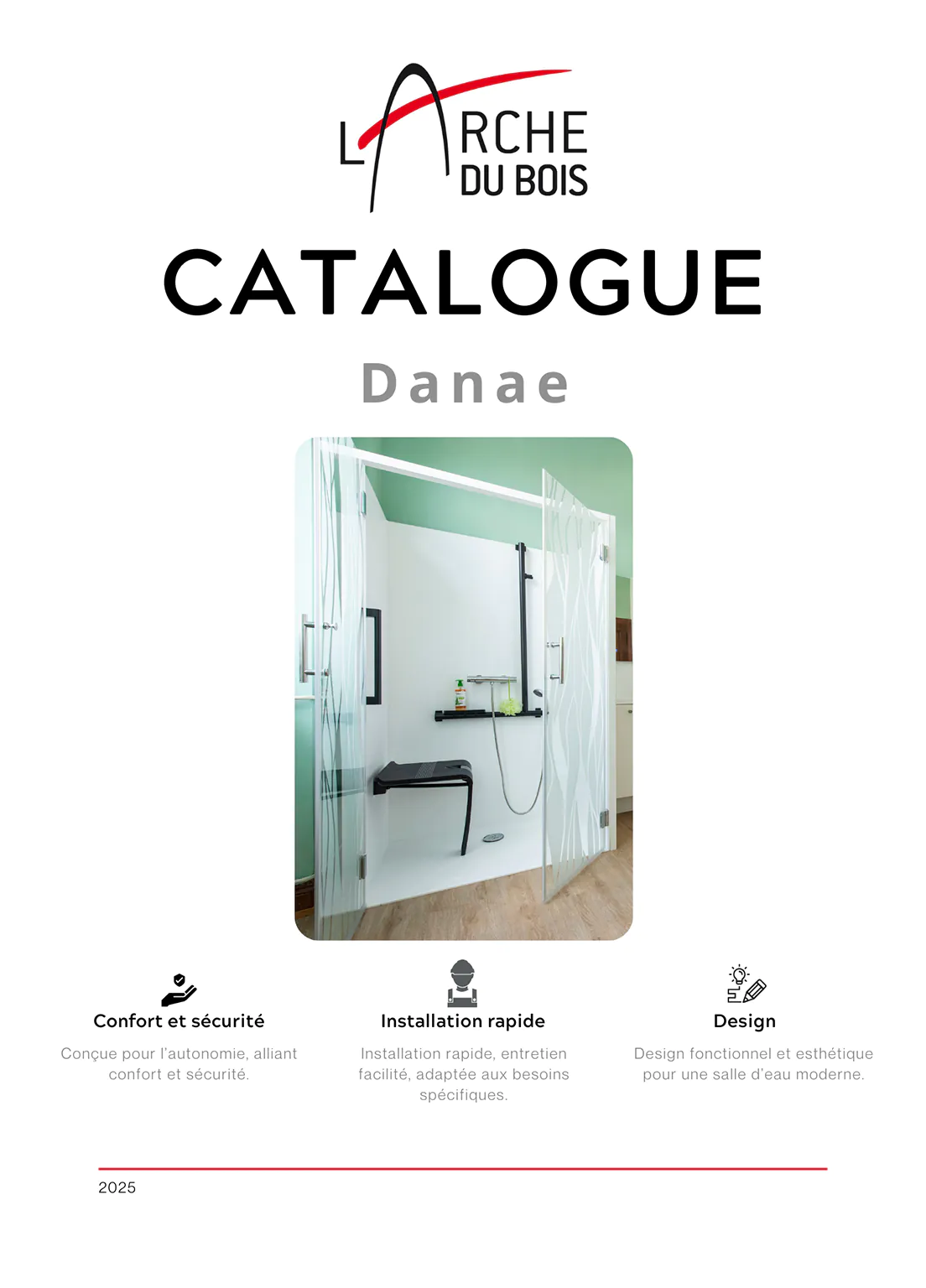 Première page du catalogue Danaé : photo d'une cabine ou paroi de douche moderne, mettant en avant la qualité et le design.