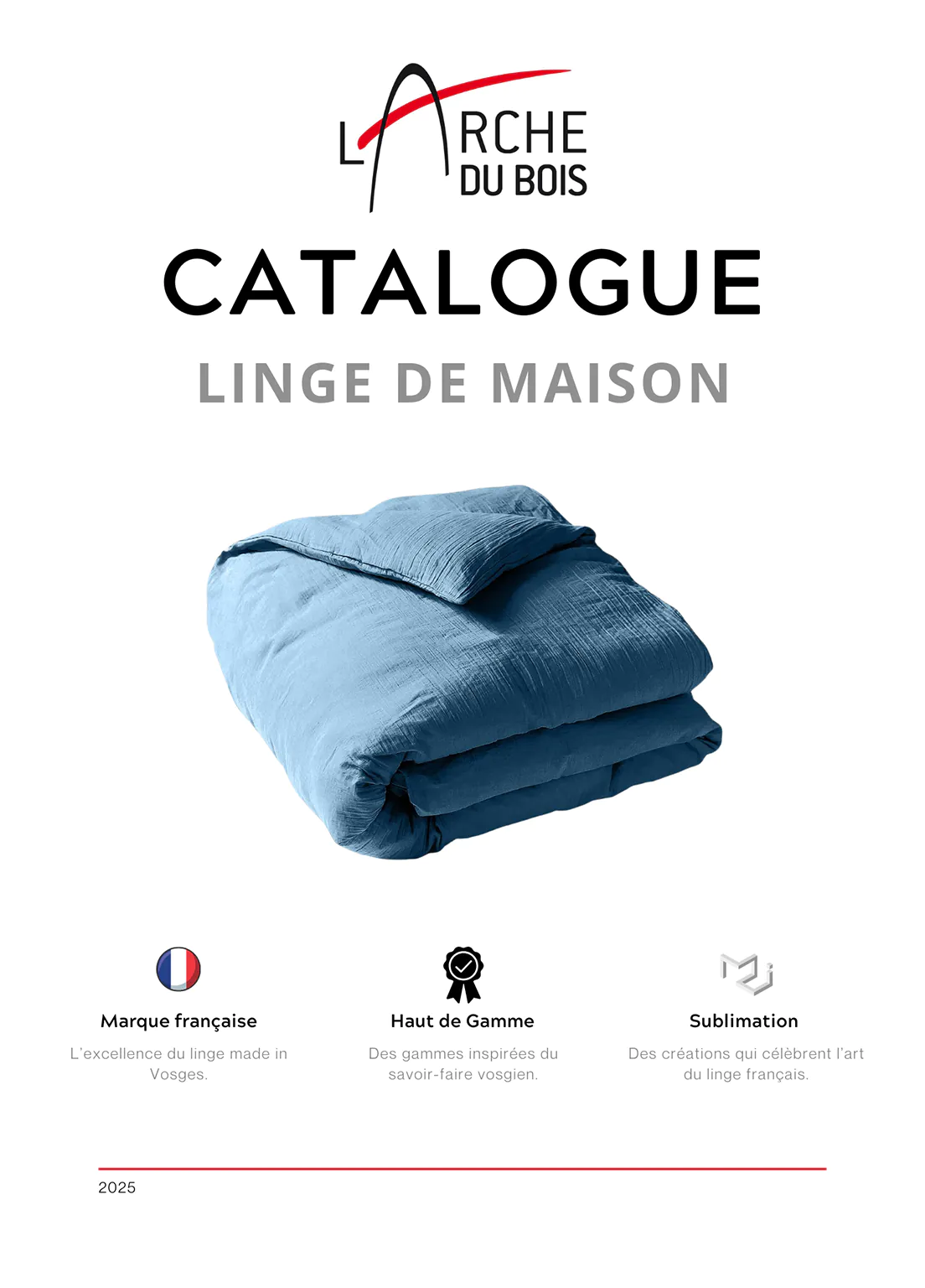 Première page du catalogue Tradition des Vosges, présentant du linge de maison de qualité : linge de lit, serviettes ou décoration textile.