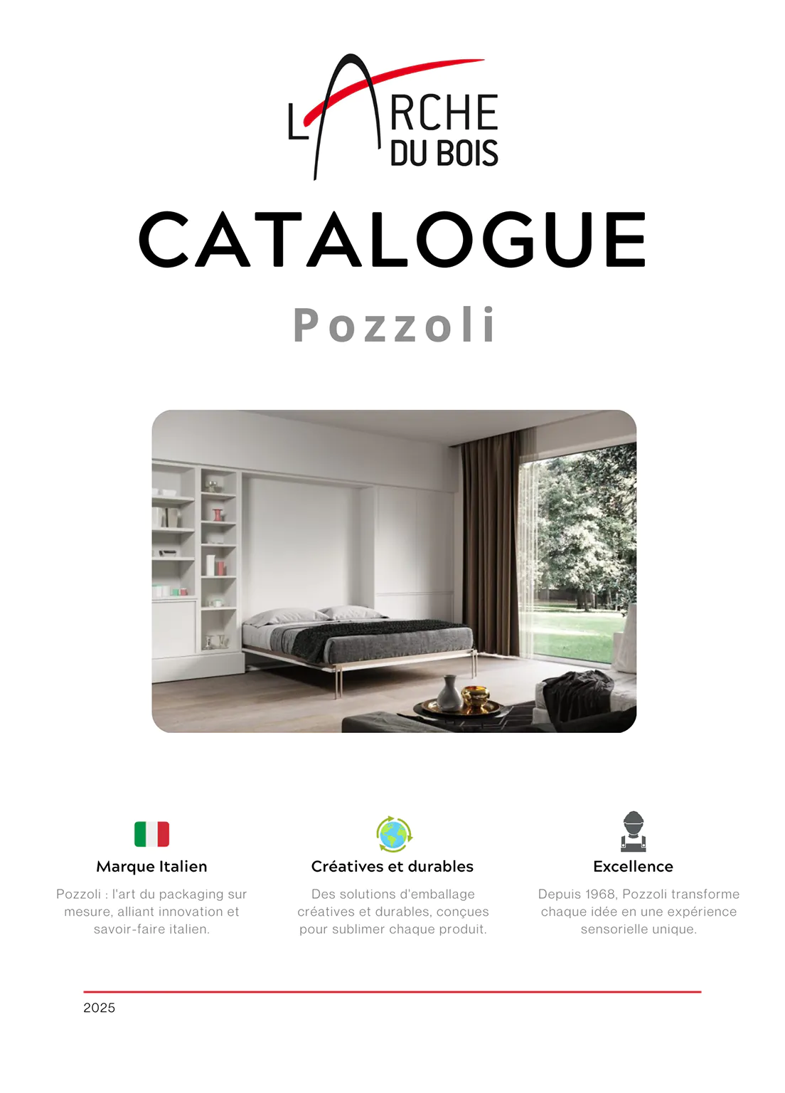 Première page du catalogue Pozzoli by L'Arche du Bois, présentant un lit armoire horizontal déplié au sol.