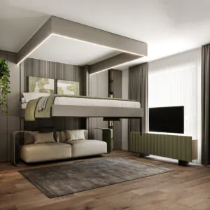 Lit escamotable deux places montant au plafond avec canapé en dessous, cassette intégrée au plafond, télévision à droite et tapis au sol. Lit Plafond ADD Comfort