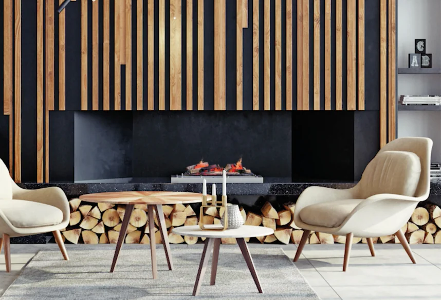 Foyer électrique Cassette 400 Optimyst encastré dans un mur, salon moderne avec deux tables basses centrales et deux fauteuils élégants de chaque côté, L'Arche du Bois.